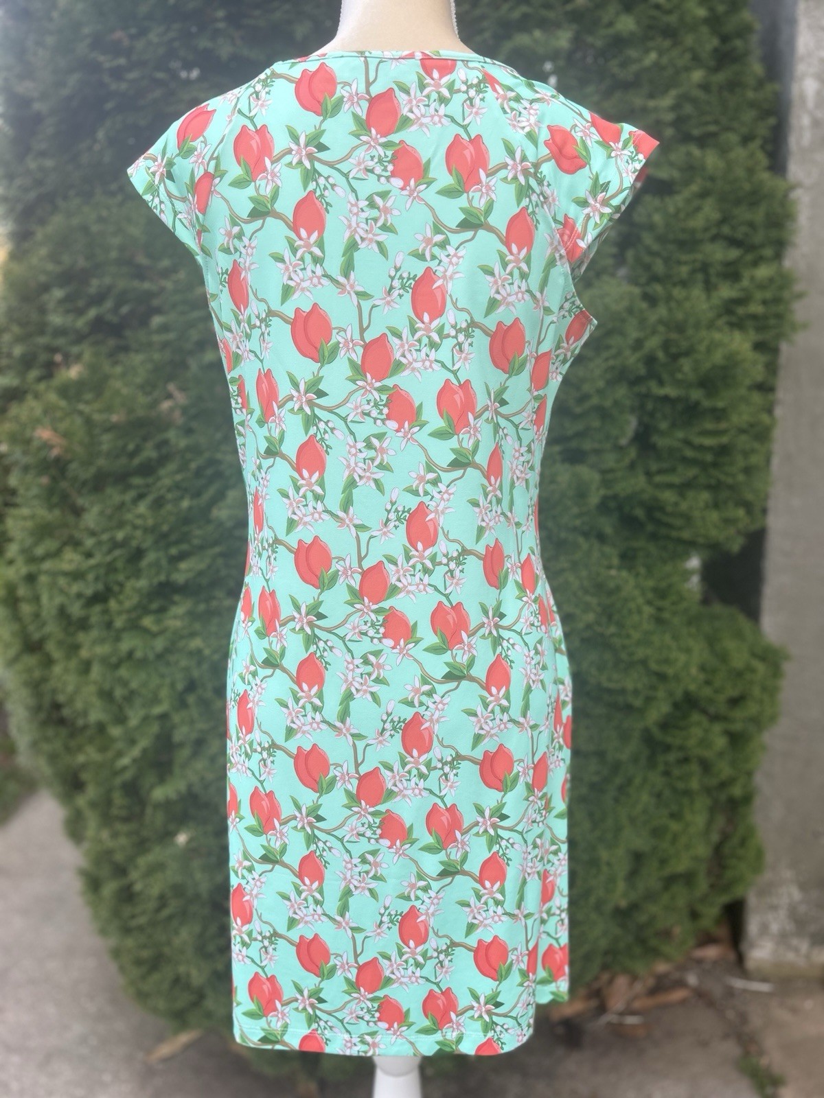 Jean-Pierre Klifa Paris Green w/Fruit & Flower Print Stretch Dress Size M Women