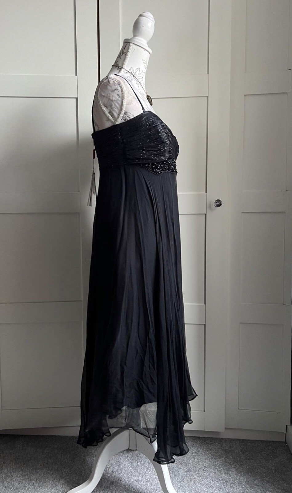 MONSOON Silk Black & Silver Evening Dress UK 12 Timeless Elegant Modern Classic