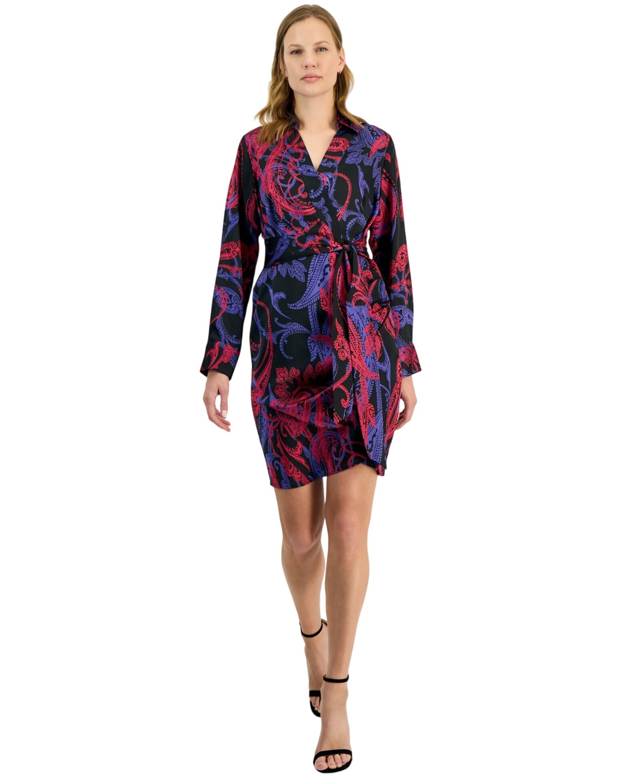 Tahari ASL Womens Printed Faux-Wrap Dress DEM643-T4 Black Cobalt 12