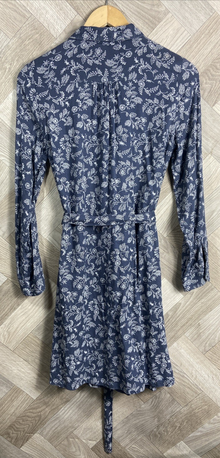 Fat Face Navy & White Floral Button Up Dress Waist Tie Collared Size 10