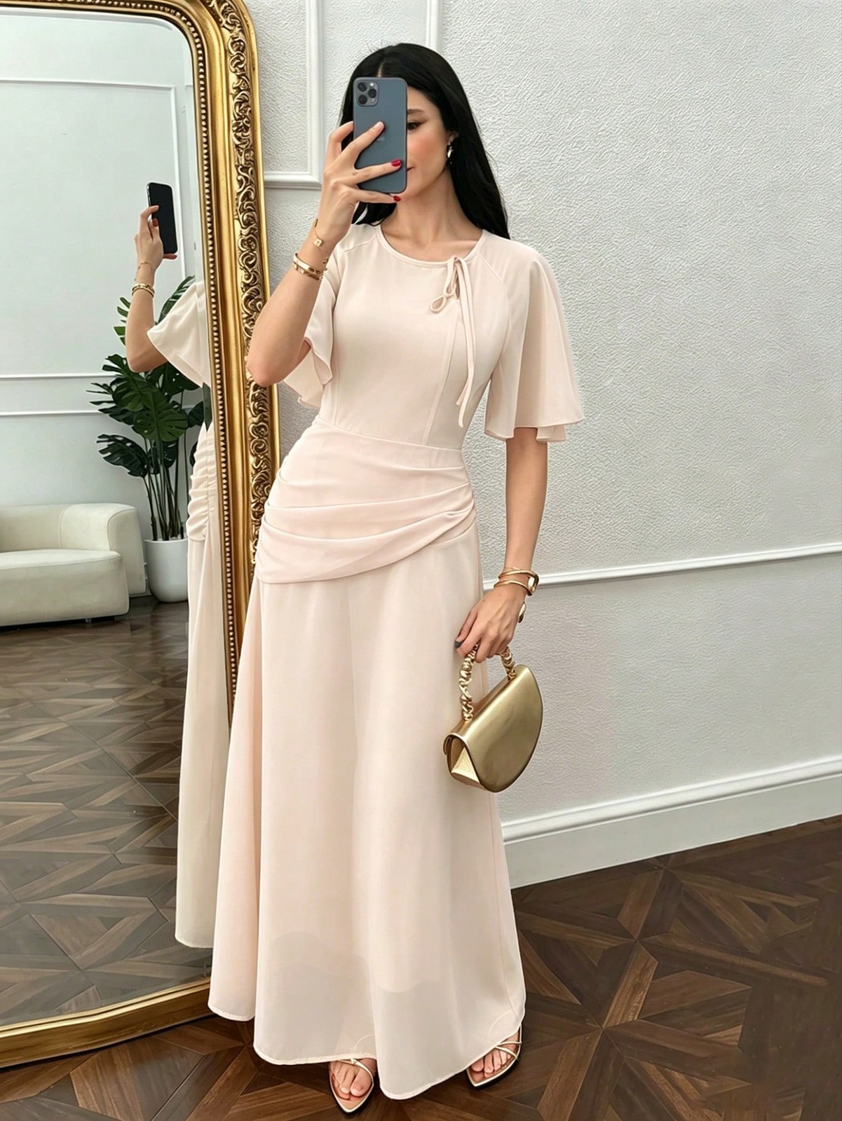 Ladies Elegant Long Dress with Ruched Waist in Yellow