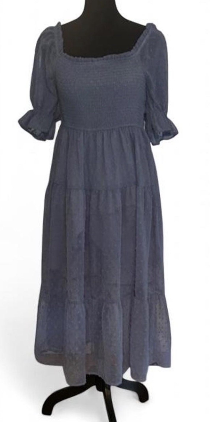 MEROKEETY Blue Solid Square Neck Smocked Belted Puff Sleeve Midi Dress S