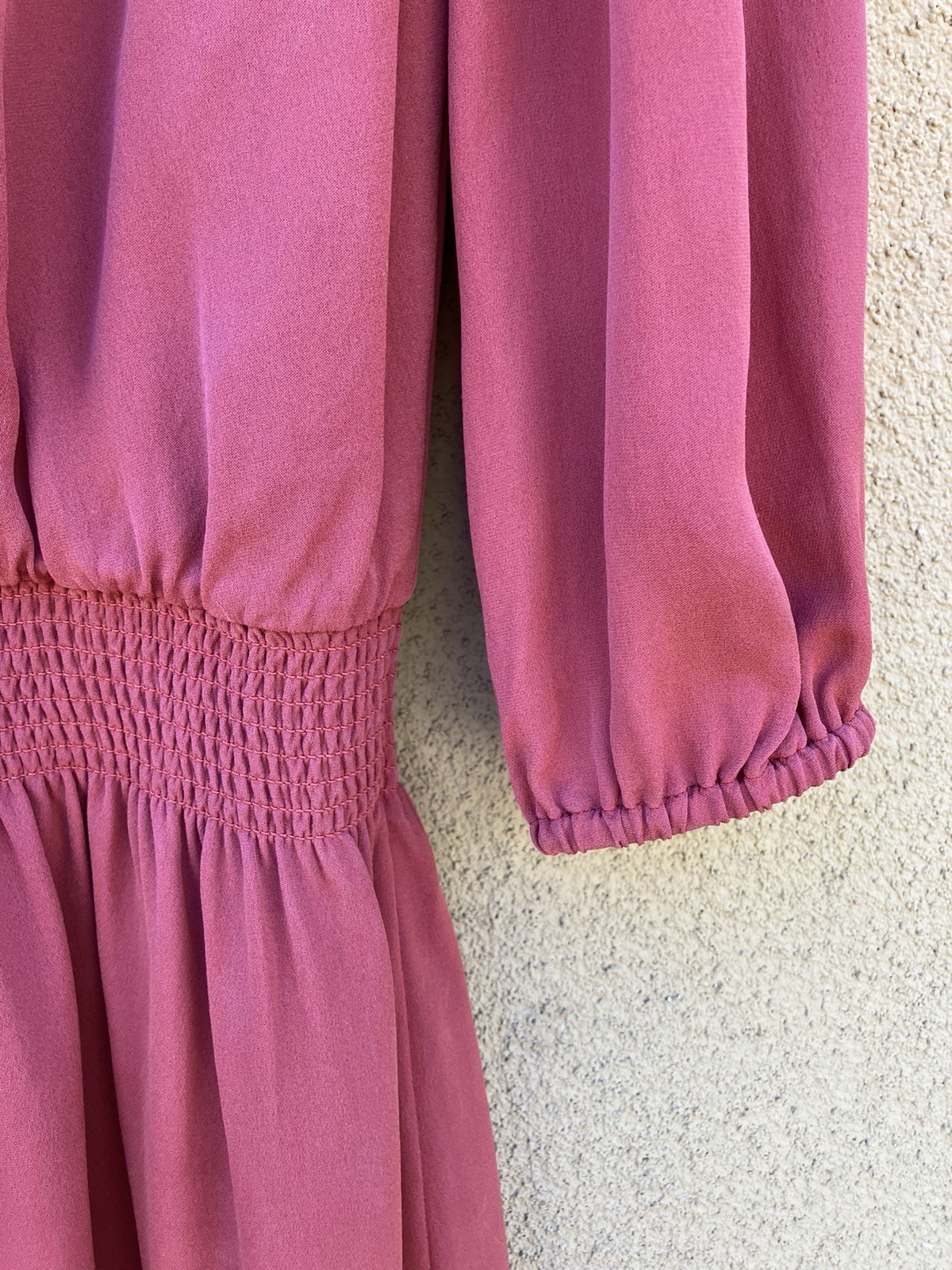 Joie Brick Red Solid Silk Chiffon Drop Waist Mini Dress Smocked Long Sleeve
