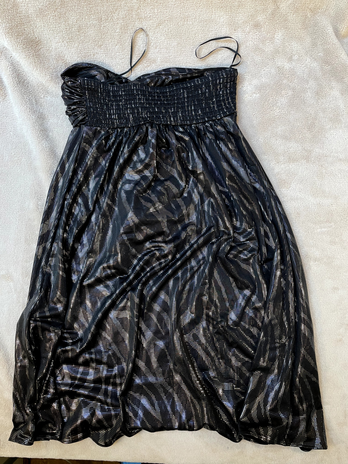 Express Black Shimmer Metallic Zebra Pattern Strapless Dress Size XS With Ties