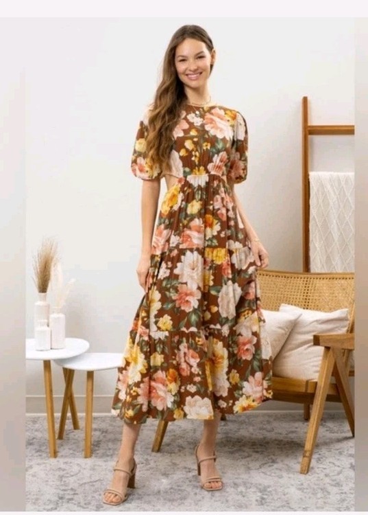 Anthro by the River Floral Puff Sleeve Cut-Out Midi Dress S Regular A-Line Maxi