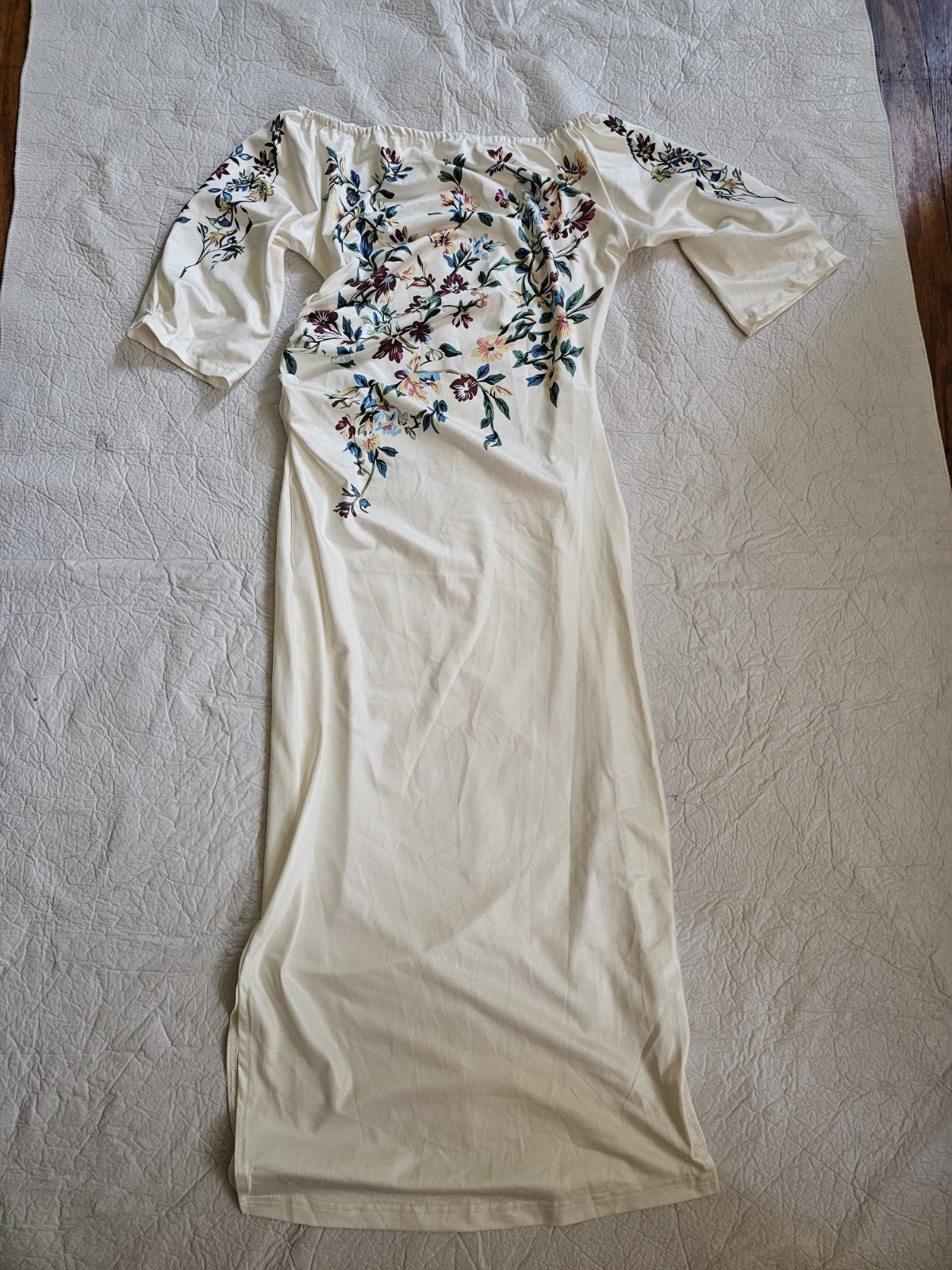 Ivory Multicolor Floral Embroidered Maxi Dress Short Sleeve Long Size S