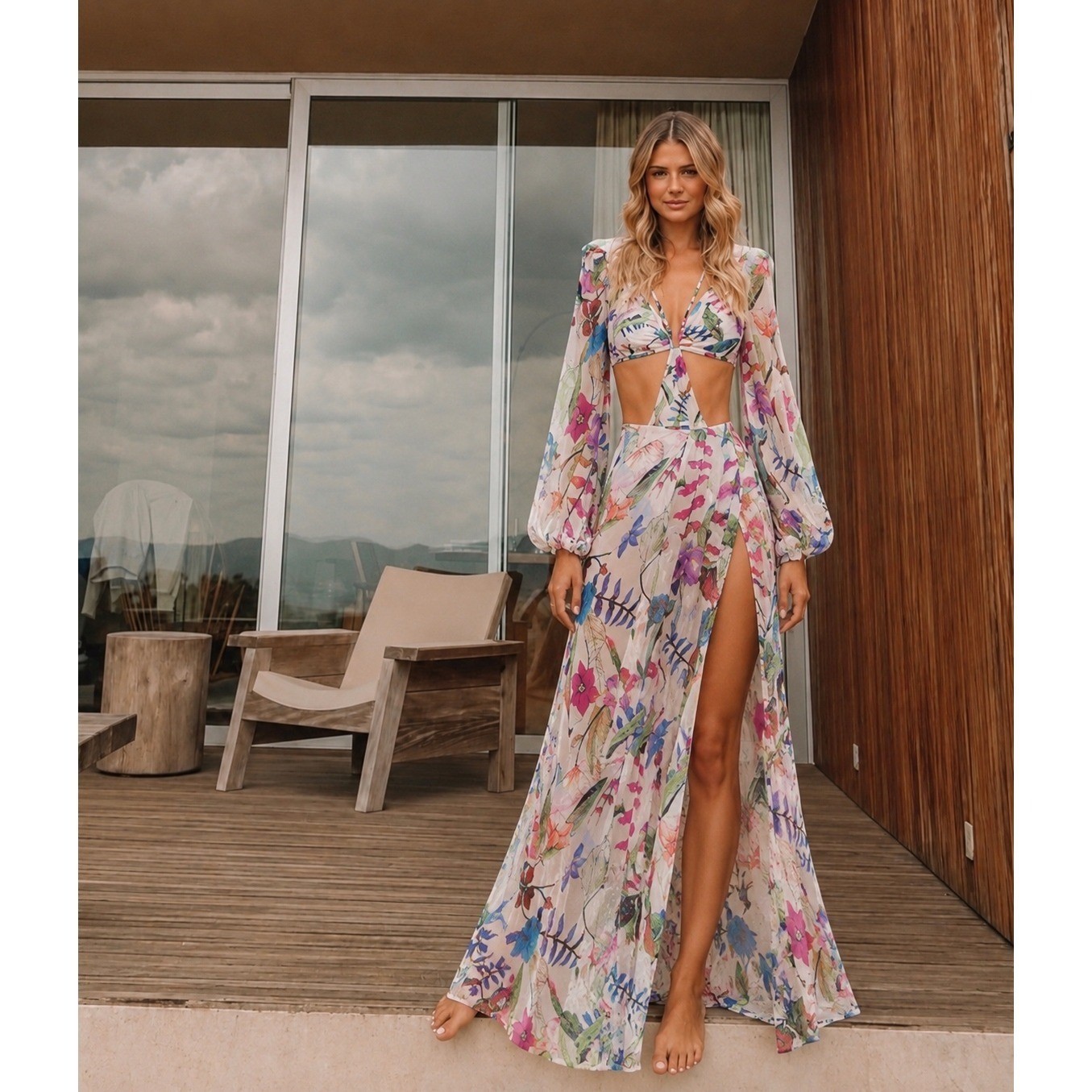 PatBO Zamia Floral Cut Out Bodysuit & Fringe Pareo Skirt Set US L/6 Beach Dress