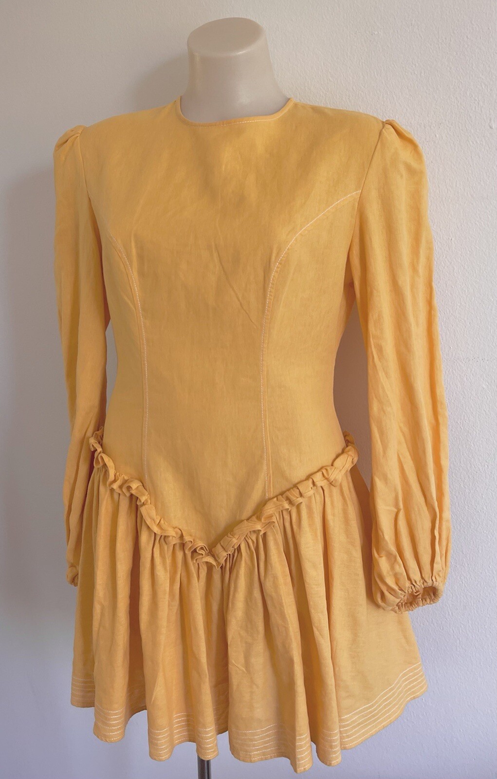 LEO LIN Mini Dress Yellow Pastel Orange Cotton Linen balloon Sleeves SZ AU 10 M