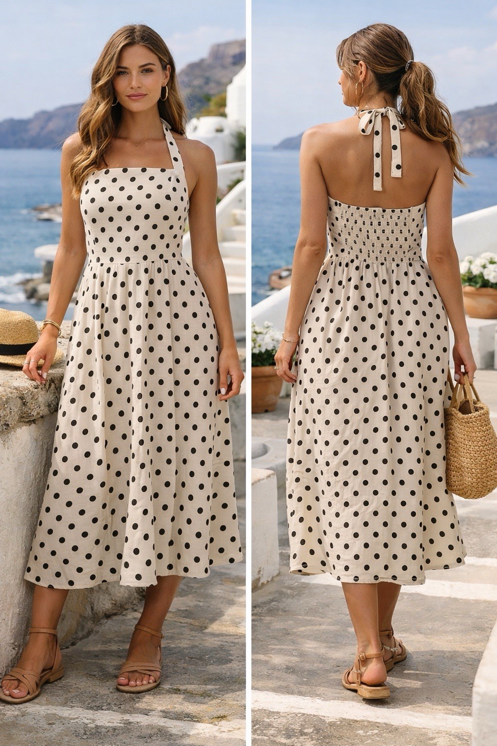 NEXT 100% Linen Polka Dot Halter Midi Dress Size 6 Smocked Back Bubble Hem