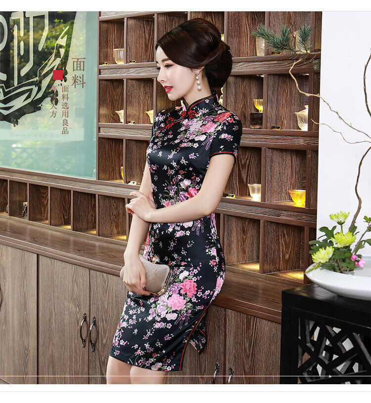 Chinese Traditional Cheongsam Womens Silk Satin Mini Dress Prom Qipao Size S-6XL
