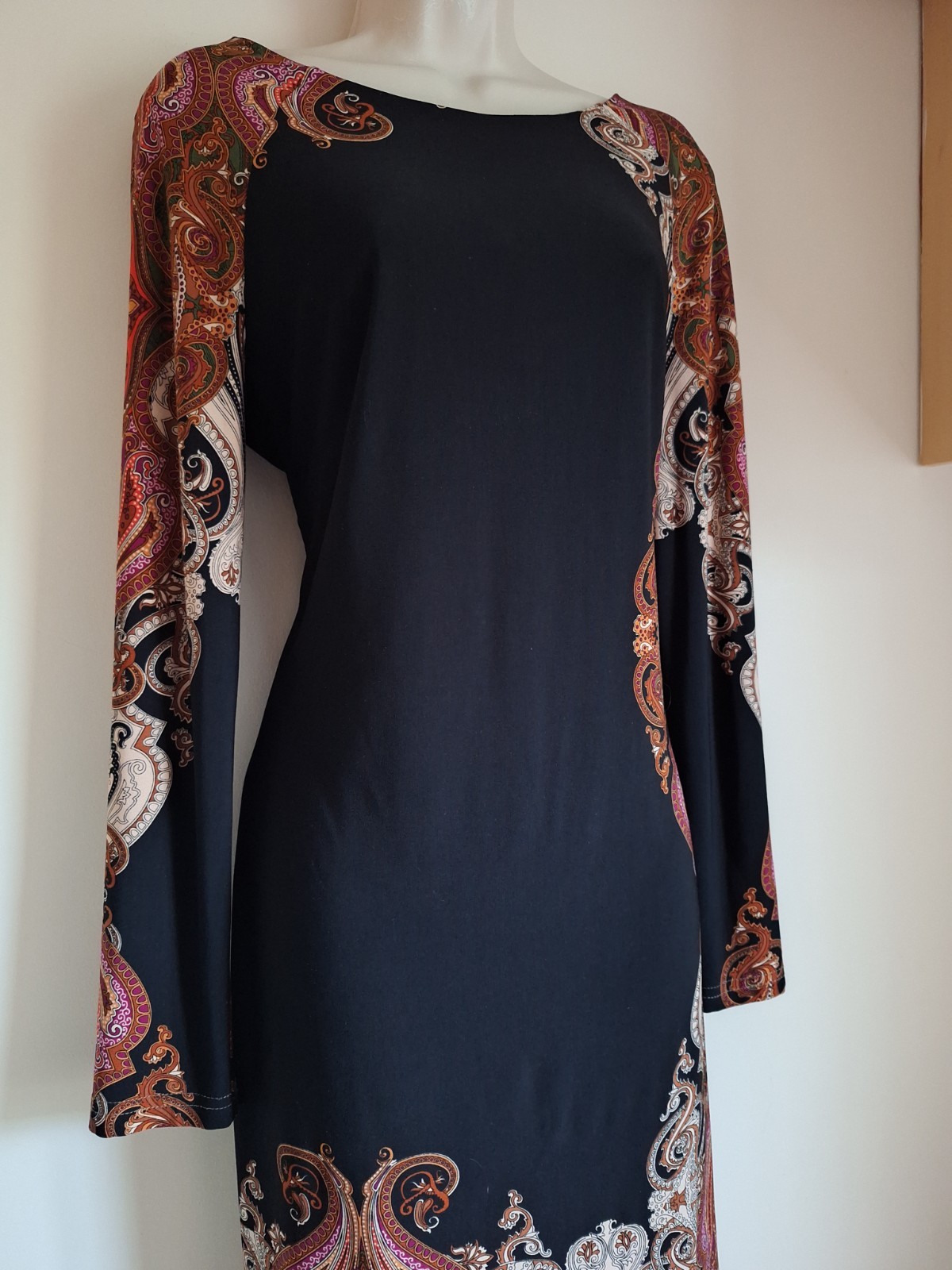 Joseph Ribkoff Paisley Print Black Orange Purple Sheath Dress UK 14 EU 42 USA 10