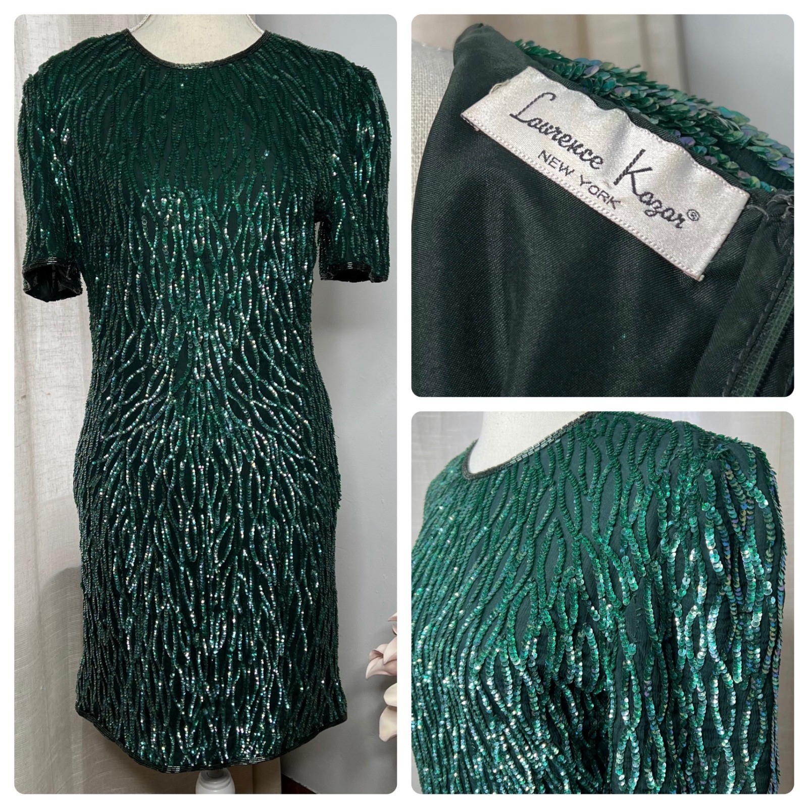 Vintage Laurence Kazar Silk Dress Green Iridescent Sequins Beads Medium Petite