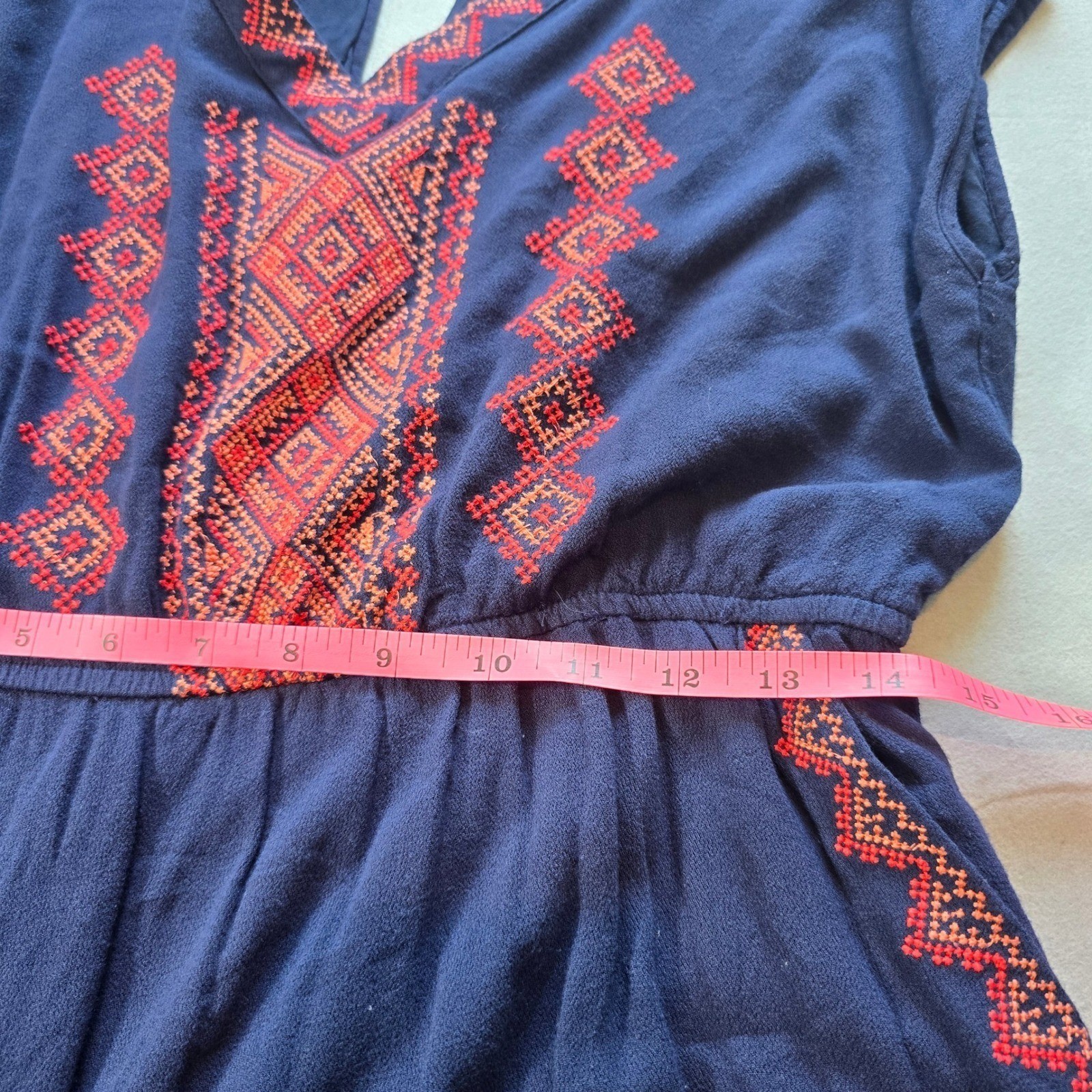 Skies Are Blue Navy Blue Embroidered Boho V-Neck Mini Dress Pockets 93489 Sz Med