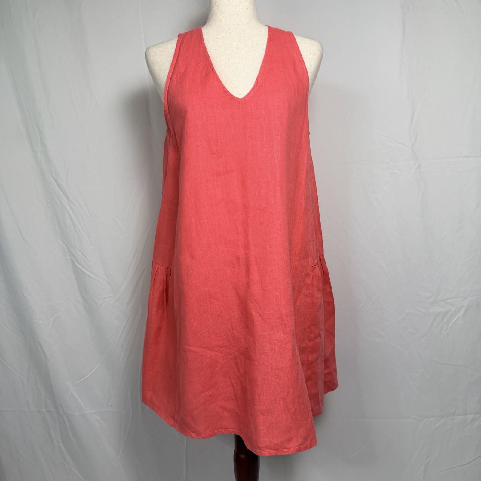 Pure Match 100% Linen Sleeveless V-Neck Coral Dress, lagenlook, flowy,light airy