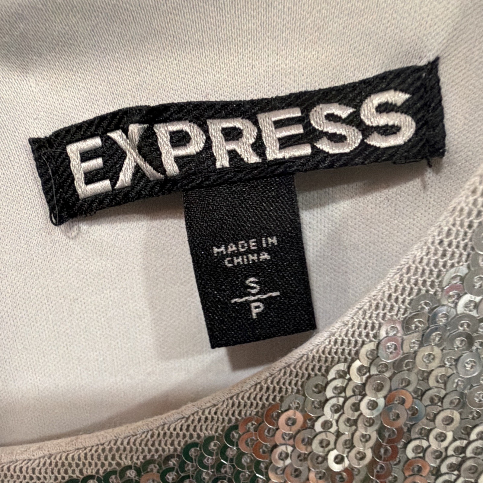 Express Silver Sequin Mesh Shift Dress Round Neck Short Sleeve Party Size S