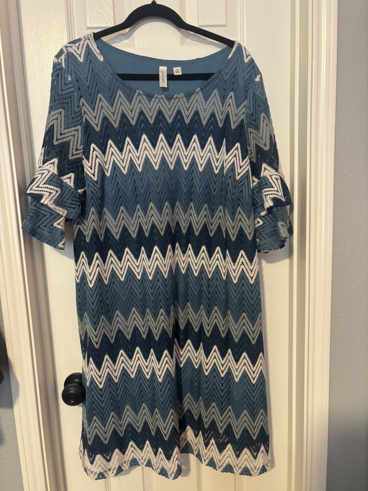 Tacera Women’s A-Line Chevron Crochet Dress Size 3X Blue White Preppy Hippy