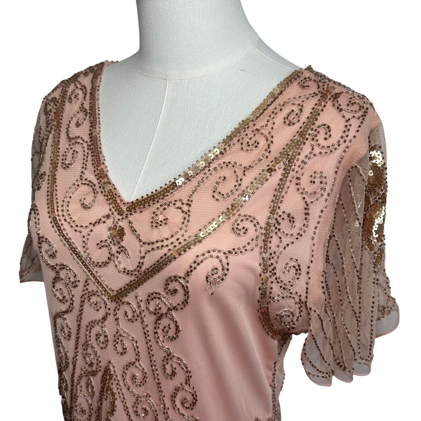 Pink Beaded Sequin Flapper Dress PS Fringe 1920s Style Art Deco Costume Party