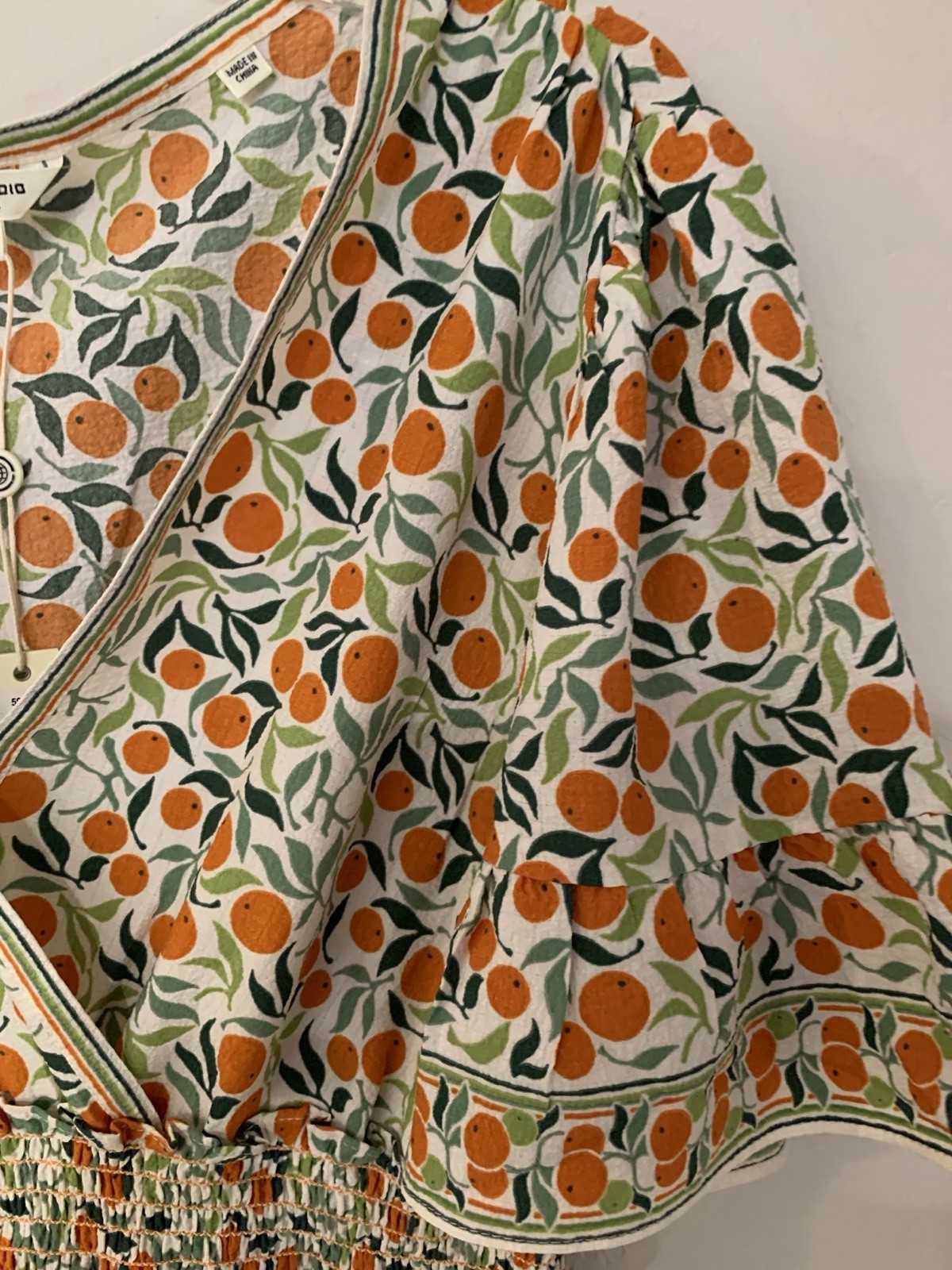 Max Studio London White Orange Green Floral Smocked V-Neck Mini Dress L NWT