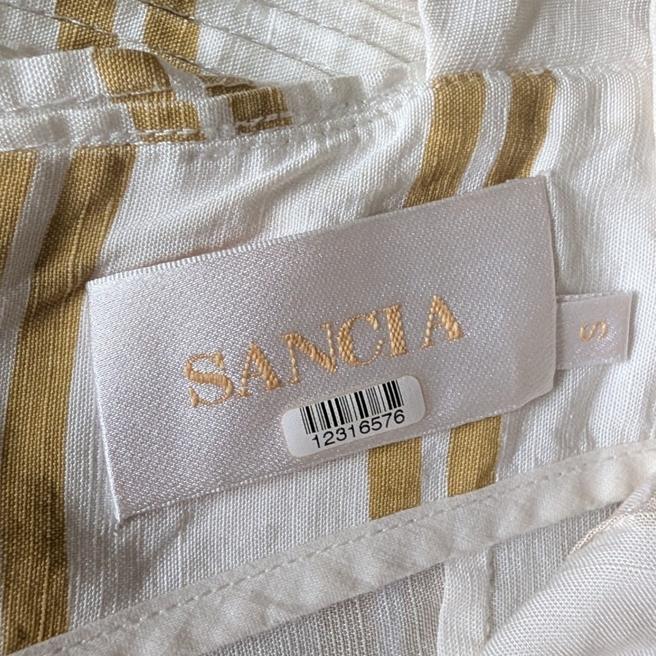 SANCIA Maise Dress White Mustard Yellow Striped Linen Blend Midi Sun Dress- S