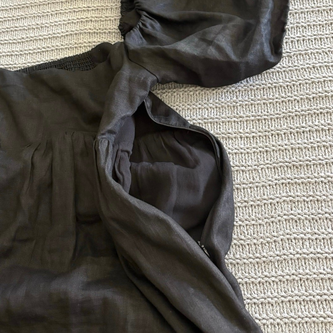 Dissh Black Puff Sleeve Smocked Linen Maxi Dress US 8 Wedding Minimalist