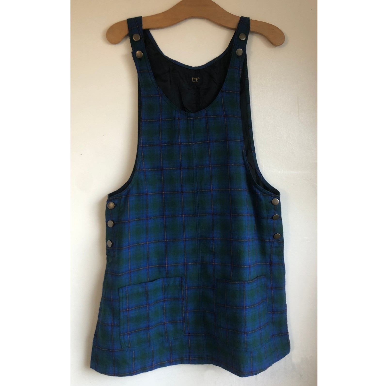Pop London Mini Pinafore Dungaree dress 10/12 Blue Green Plaid check Pockets