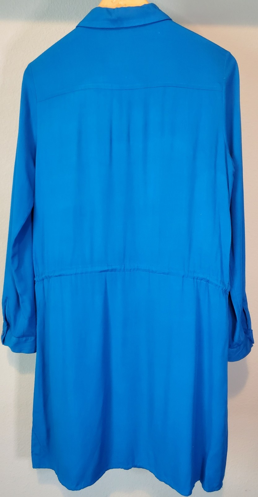 JustFab Blue Shirt Dress M Drawstring Waist Tab Sleeve Rayon Pockets