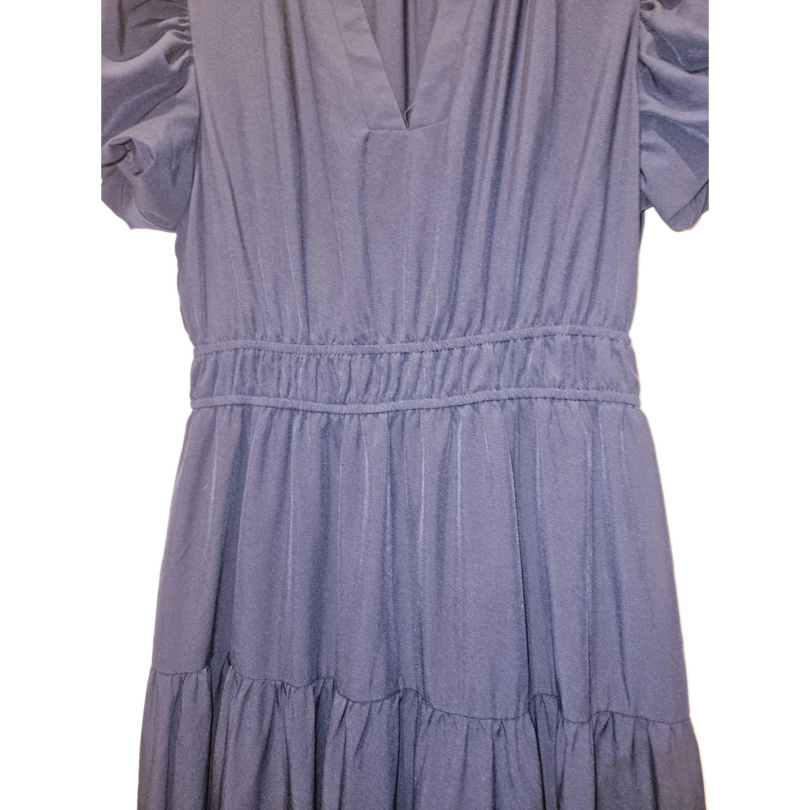Entro Blue Solid V-Neck Puff Sleeve Tiered Maxi Dress M Elastic Waist Pullover