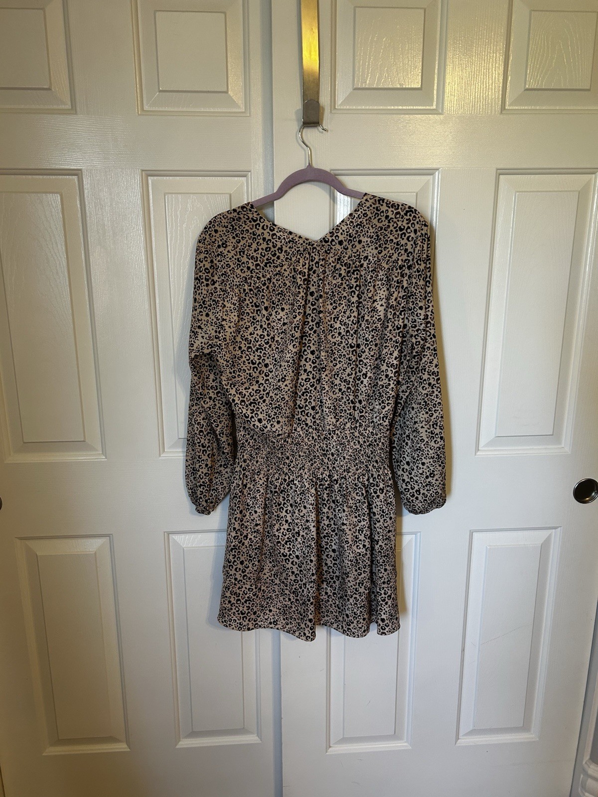 Parker Women’s Leopard Print V-Neck Long Puff Sleeve Smocked Ruffle Mini S