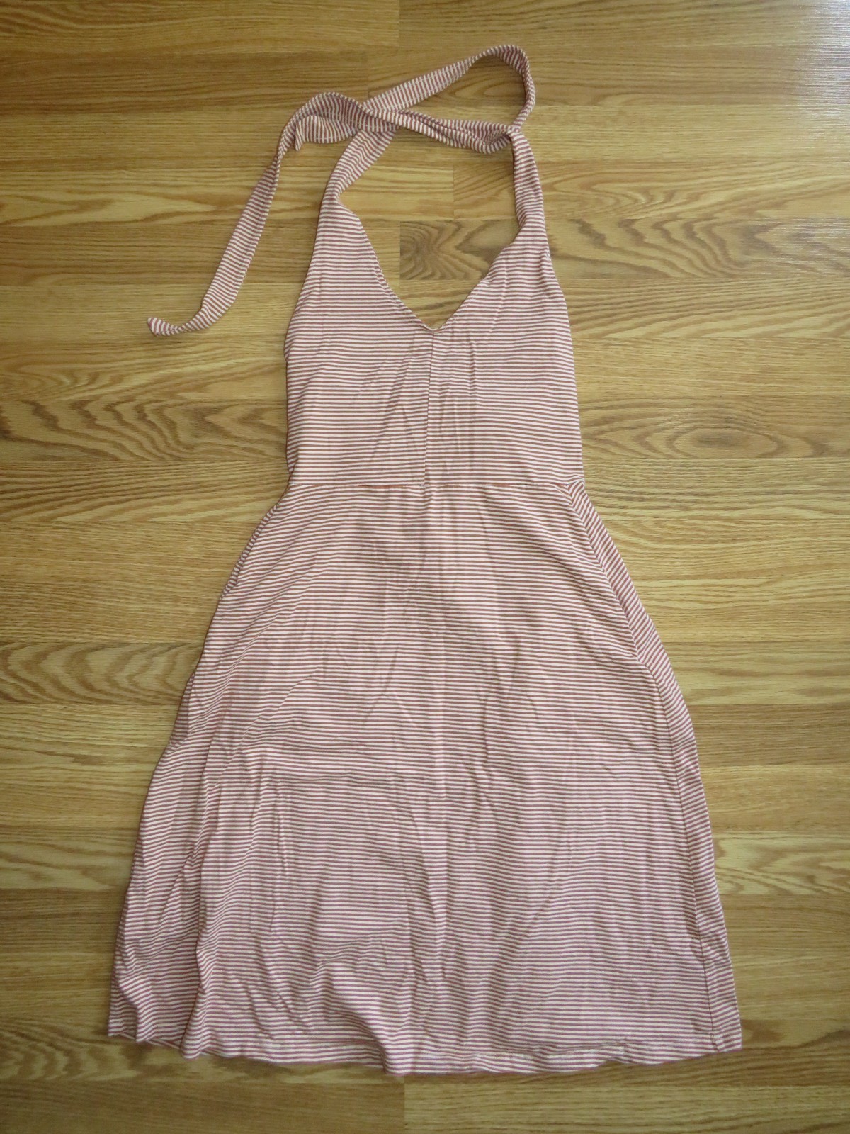 PACT womens medium Fit & Flare Halter Dress Organic Cotton pumpkin ivory stripes