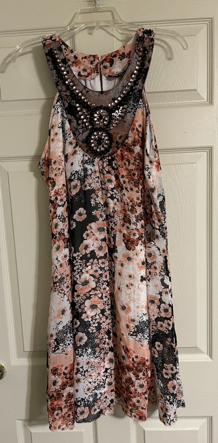 Mlle Gabrielle Dress Women’s Large Orange Peach Floral Print Beaded Neckline