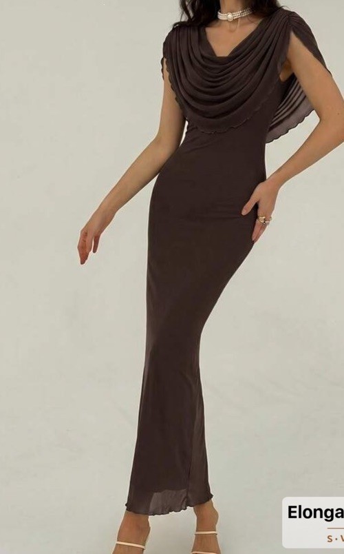 SHEIN Trendy Brown Sheer Mesh Draped Cowl Neck Sleeveless Maxi Long Dress XS