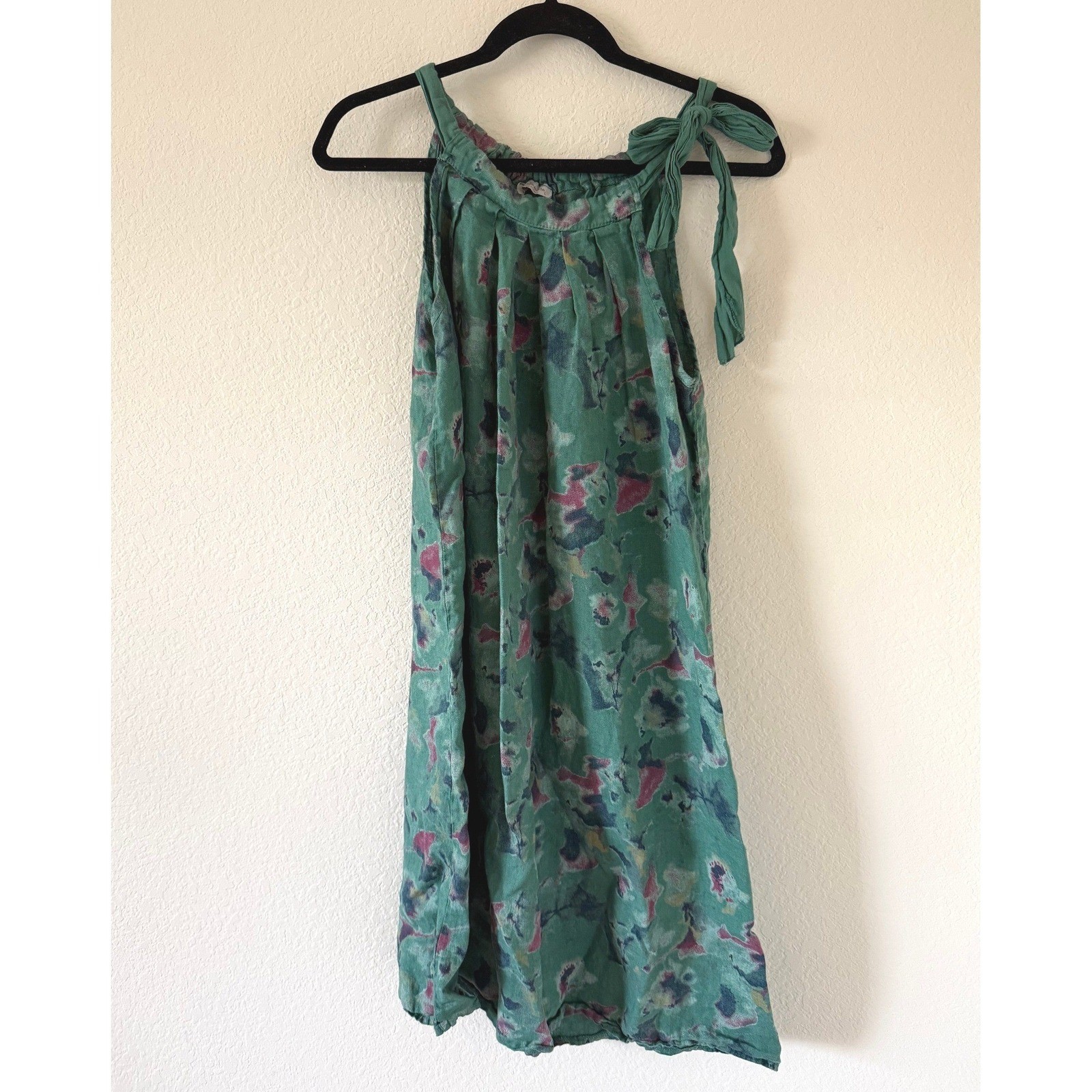 Bellambra Italy Green Watercolor Abstract Print 100% Linen Halter Mini Dress L