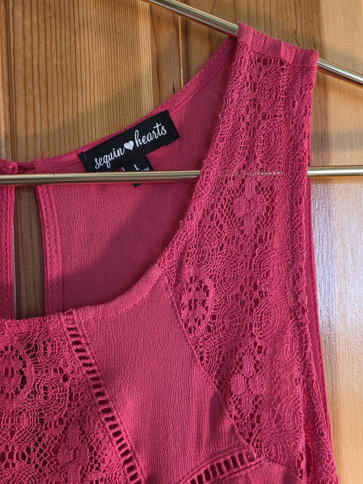 Macys Sequin Hearts Sleeveless Crochet Yoke Flowy Dress Raspberry Red Large NWT