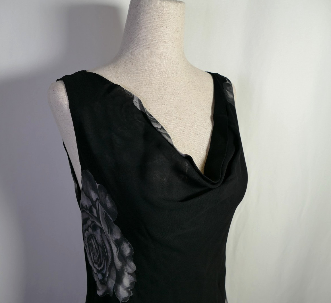 VTG Tessuto Y2K Fairy Grunge Whimsigoth Maxi Dress Size M Black Floral Cowl Neck