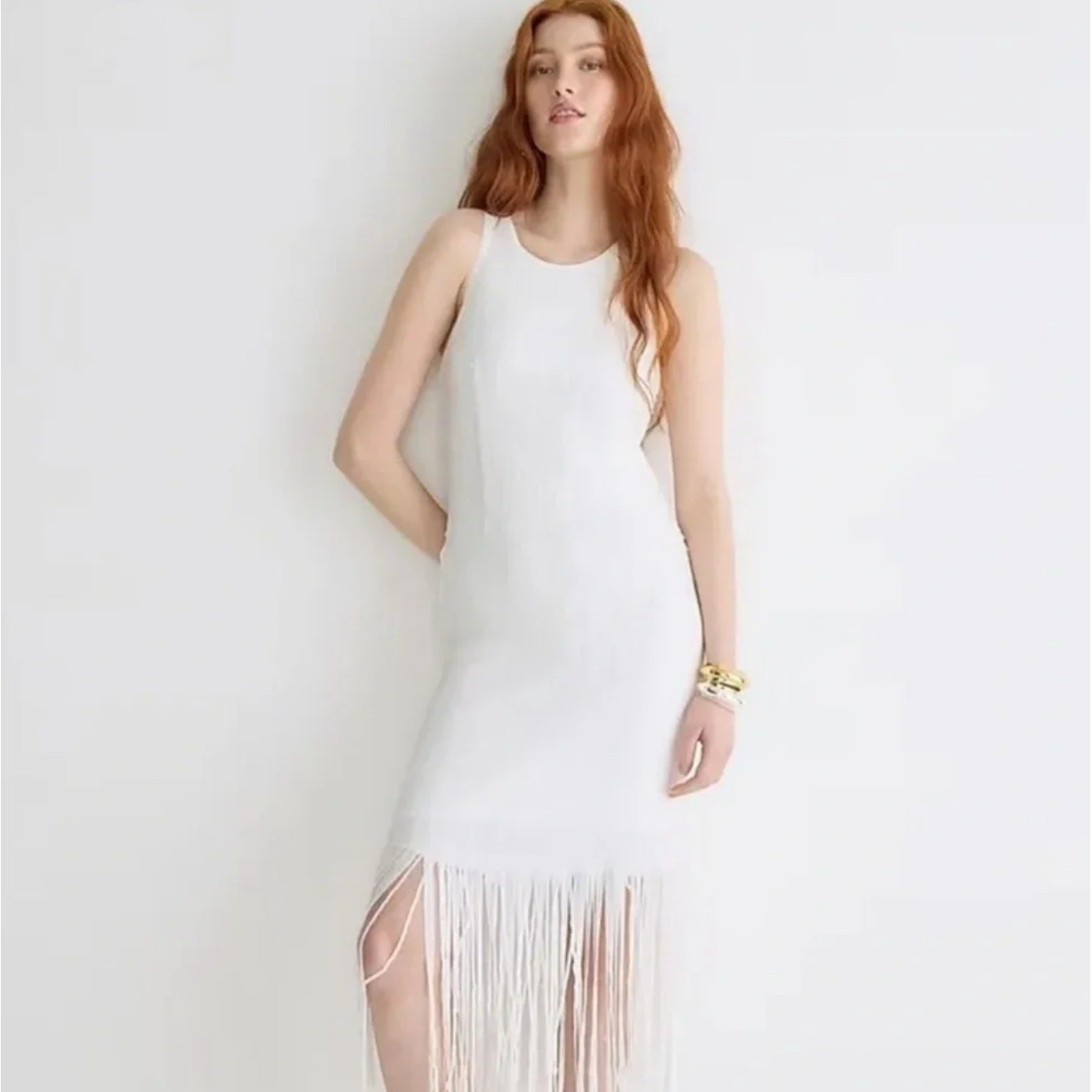 J. Crew Collection White Sequin Fringe Maxi Dress Formal Evening Gown Size 2
