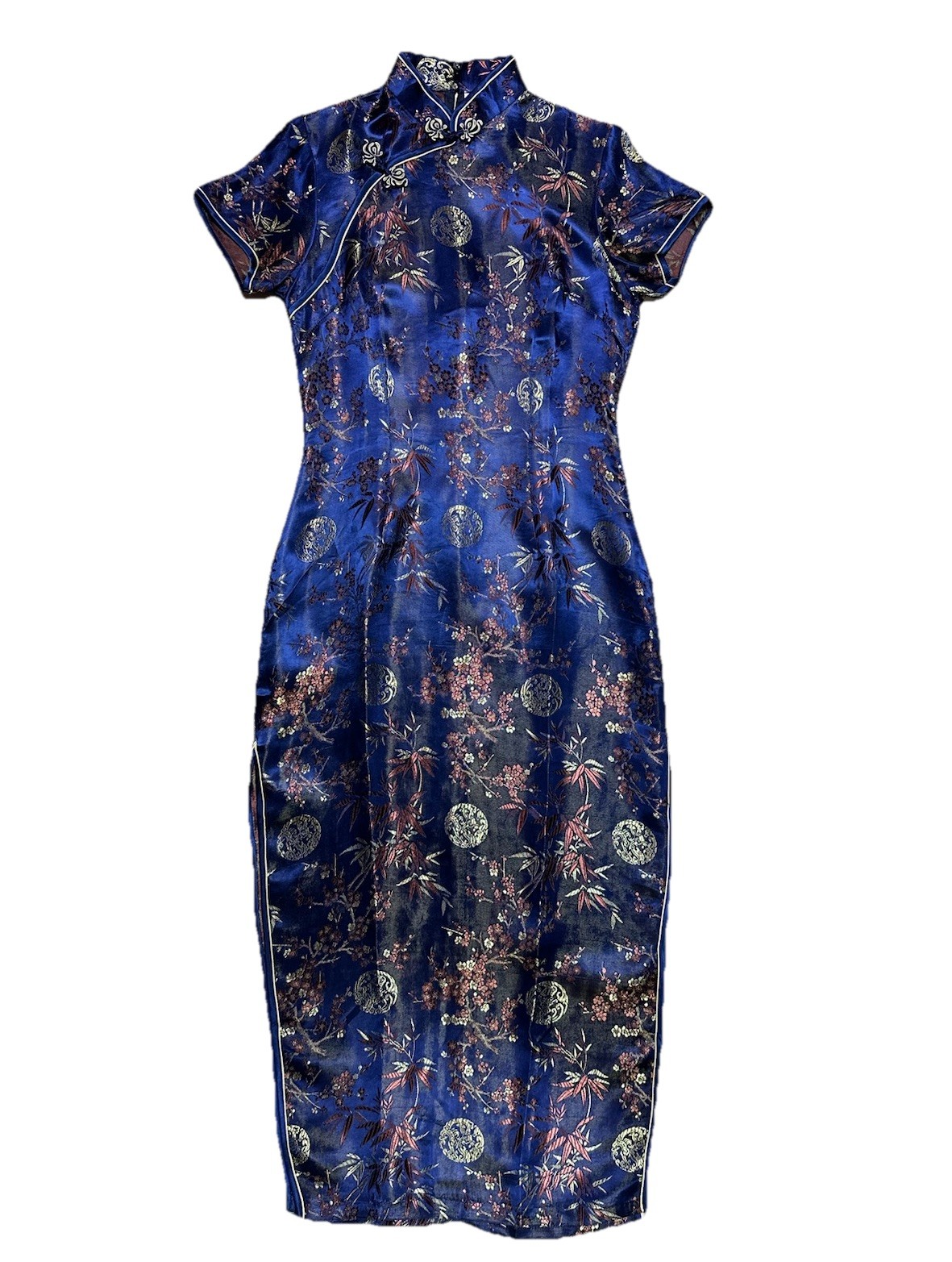 Traditional Chinese Qipao Dress | TANGYI | Blue Satin Floral & Bamboo | Size 36