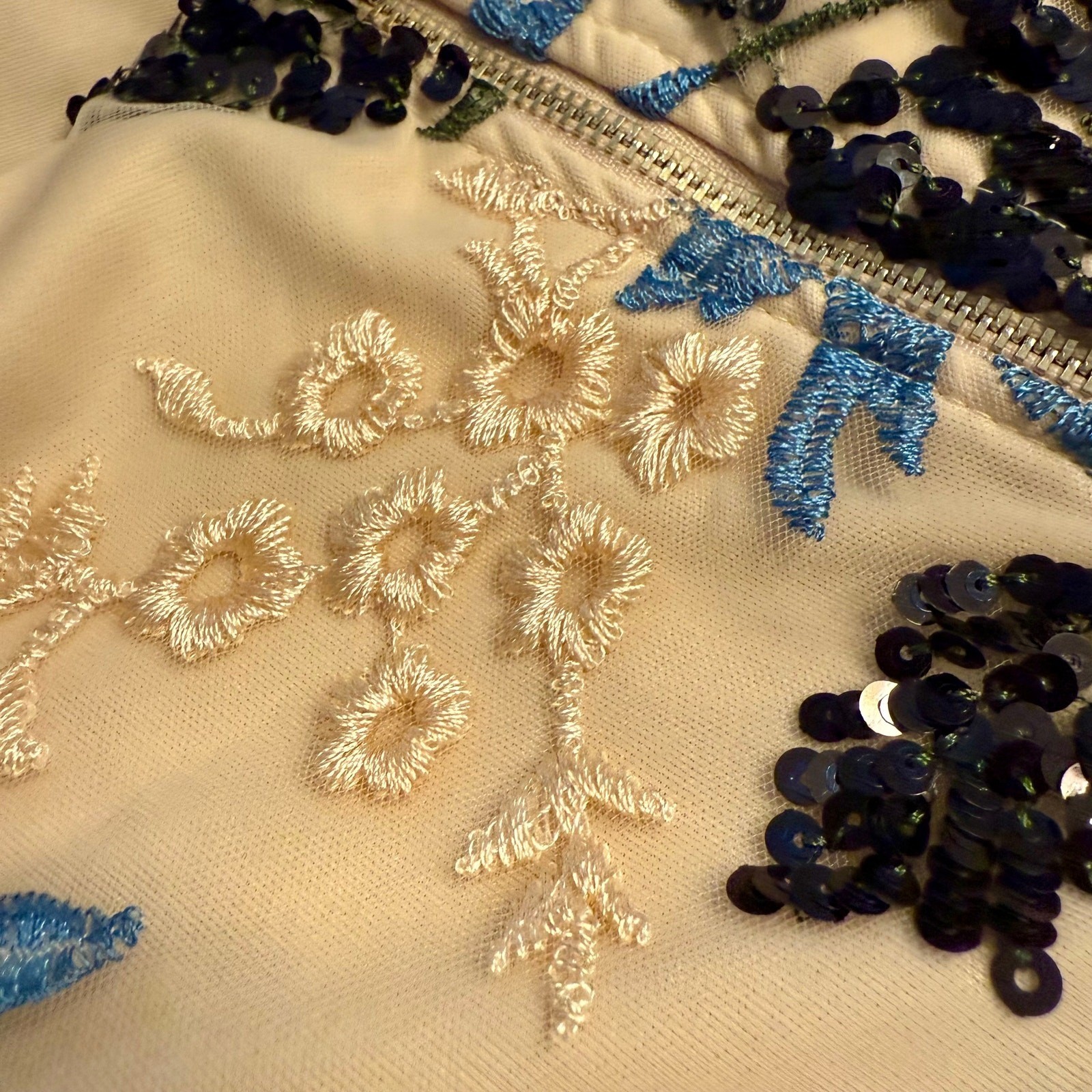 Lulus Embroidered Tulle Midi Dress S Beige Blue Black Floral Sequin Ruffle Strap