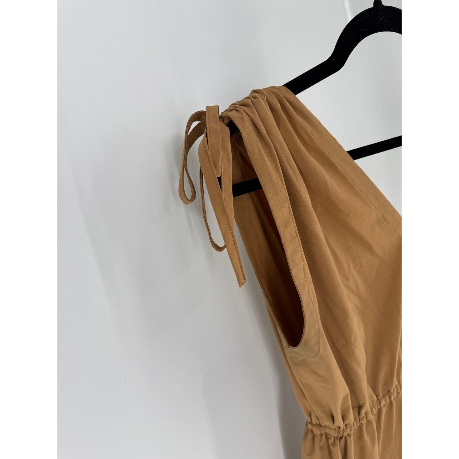 Golden Tan Vneck Tiered Maxi Dress Sleeveless Tie Bows Pockets Fairy Cottagecore