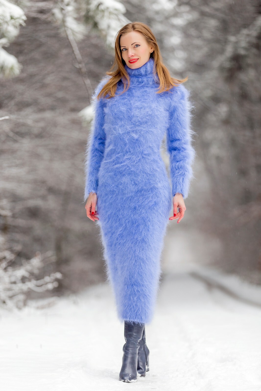SuperTanya blue long mohair sweater dress fuzzy wool fluffy hand knit gown S