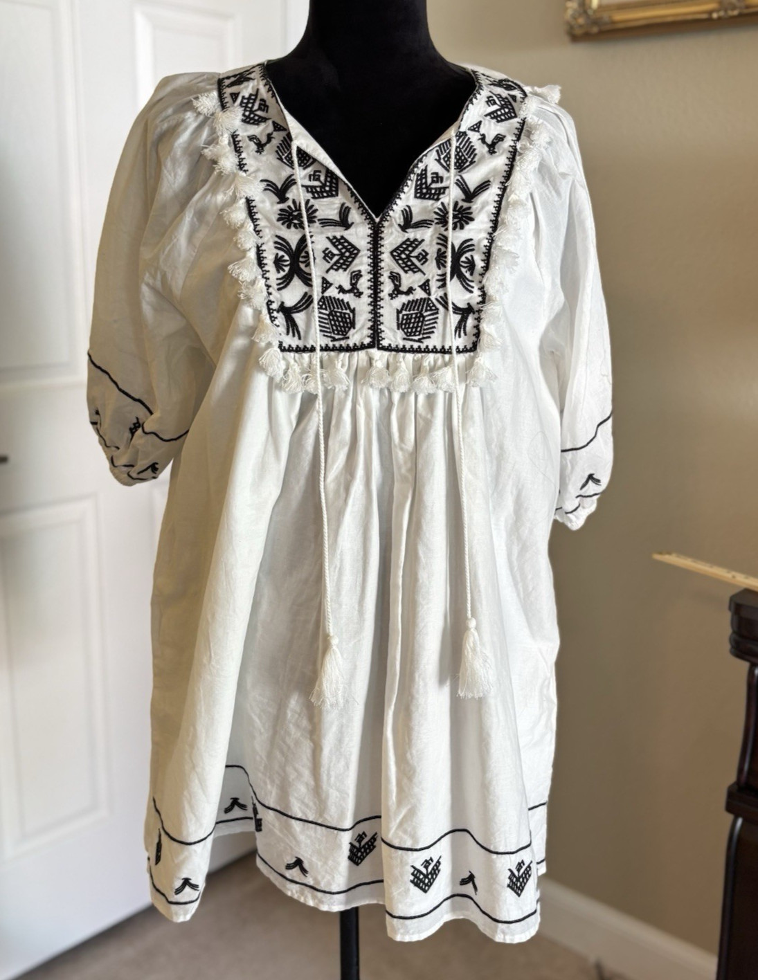 C&V Anthropologie Medium Dress Cotton White Black Embroidery Pom Pom Tassels