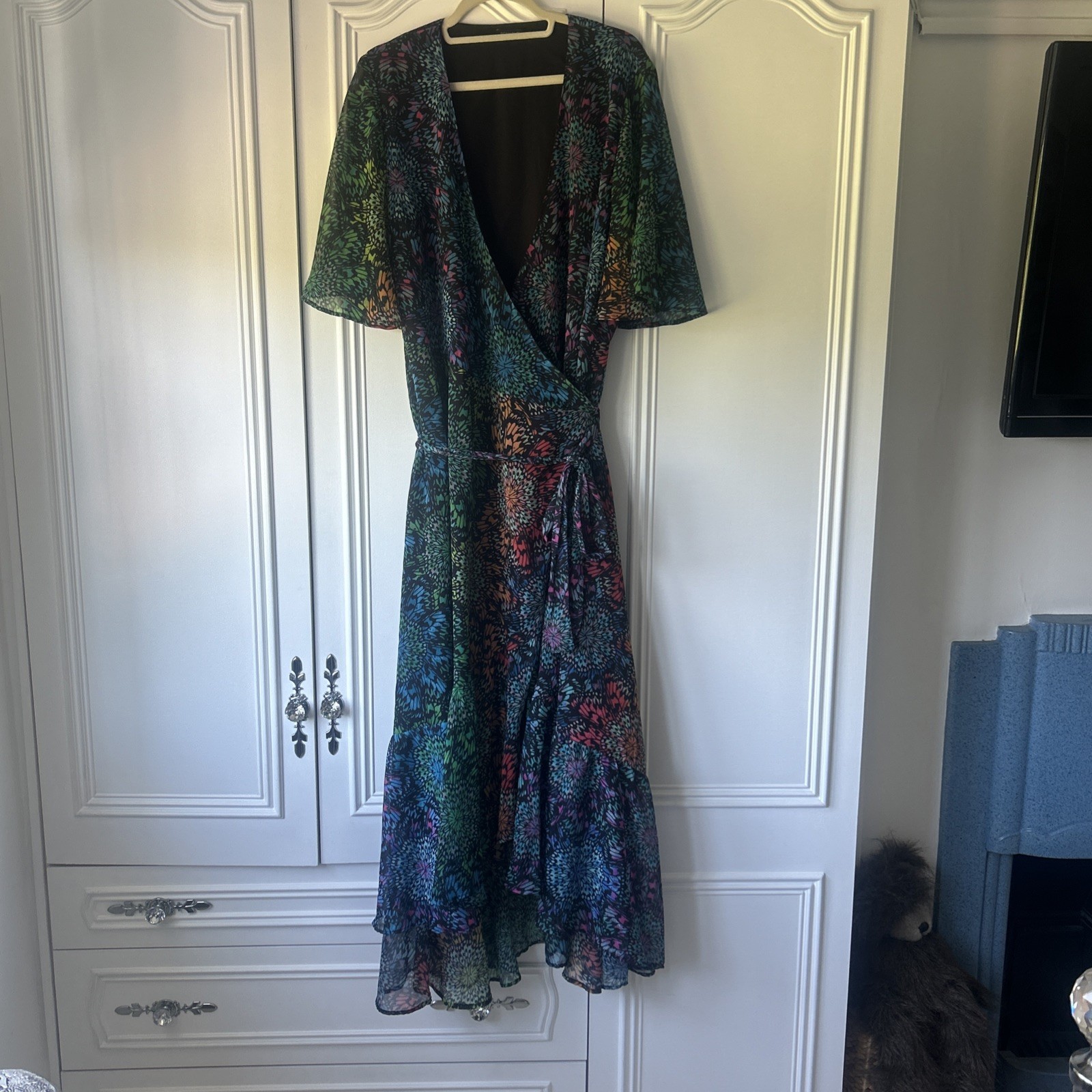 Roman size 20 Green Multi Abstract Print Maxi Wrap Dress Chiffon. Wedding BNWOT