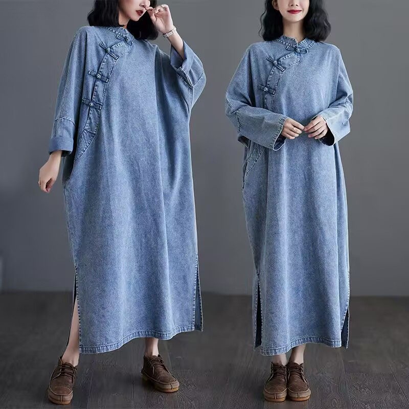 Chinese Style Womens Denim Loose Dress Retro Qipao Baggy Casual Long Dress