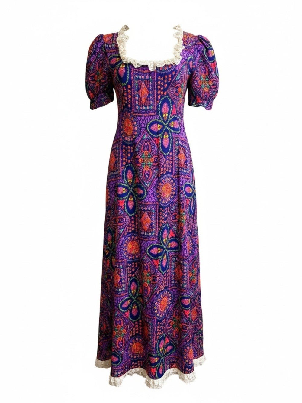 True Vintage 70s Handmade Psychedelic Prairie Maxi Dress Lace Boho Cottage S