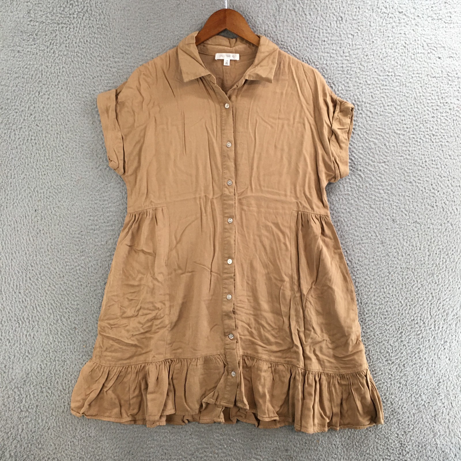 Daily Thread Shirt Mini Dress Womens L Ruffle Short Sleeve Button Front Beige
