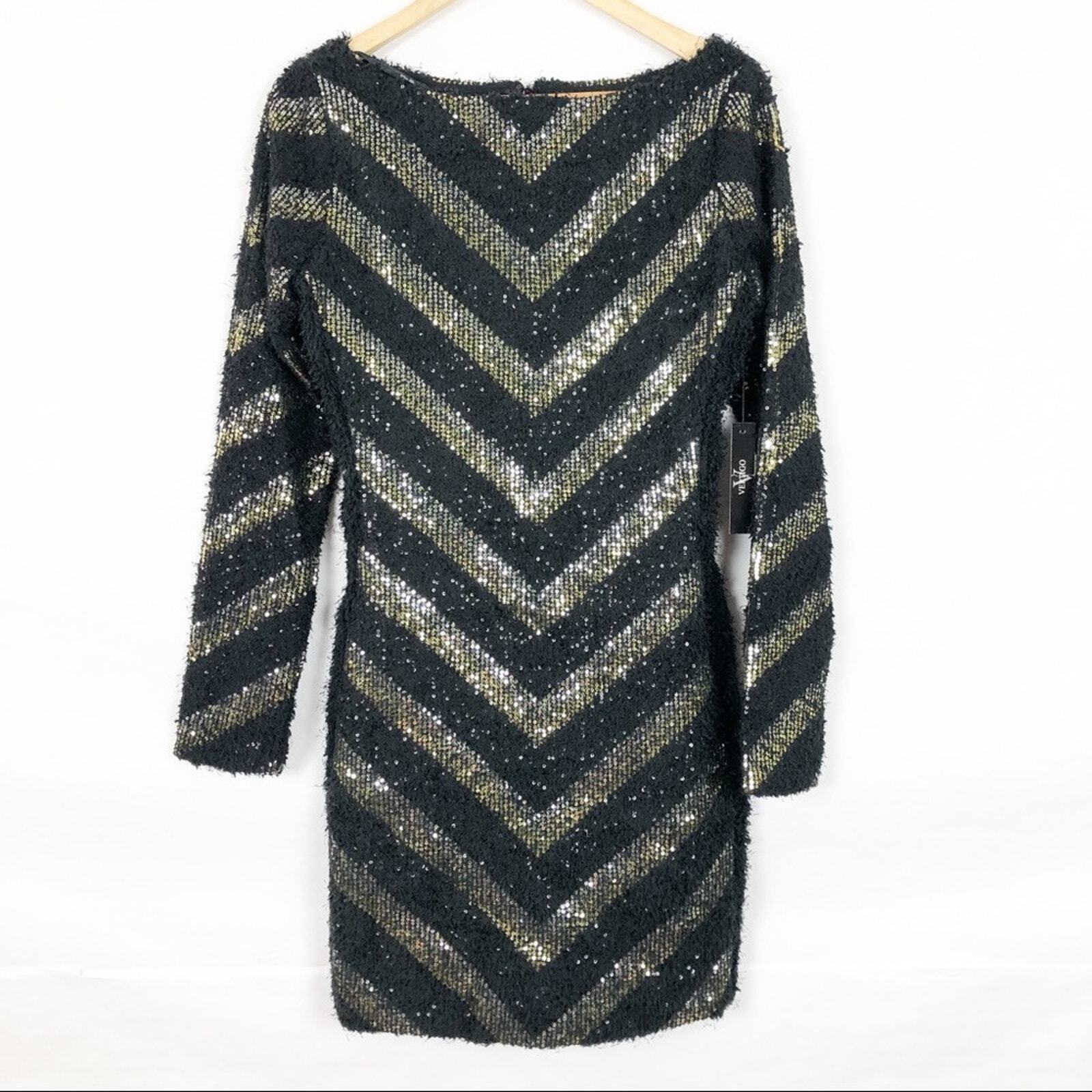 Vertigo Chevron Sequin Fuzzy Knit Sweater Mini Dress Sparkly Cozy Cocktail Small