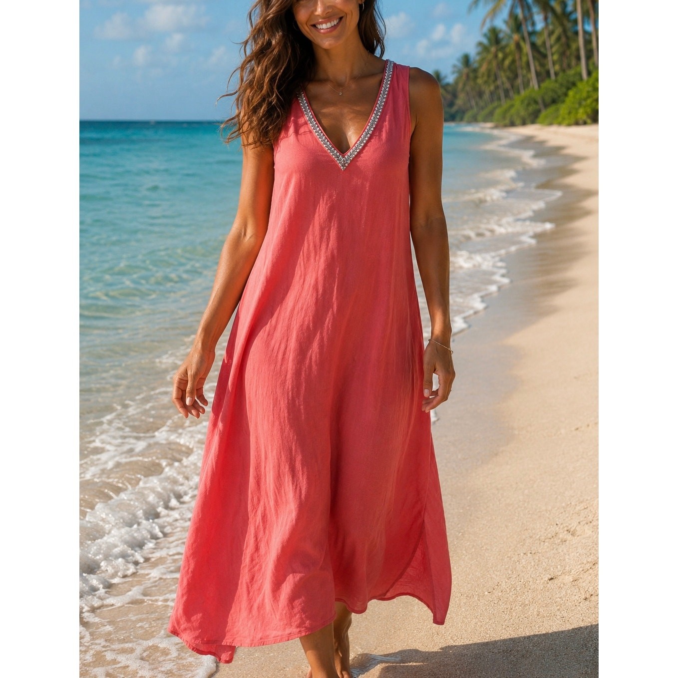 Calypso St Barth Resort Dress Women’s Medium Linen Blend Coral Pink NEW
