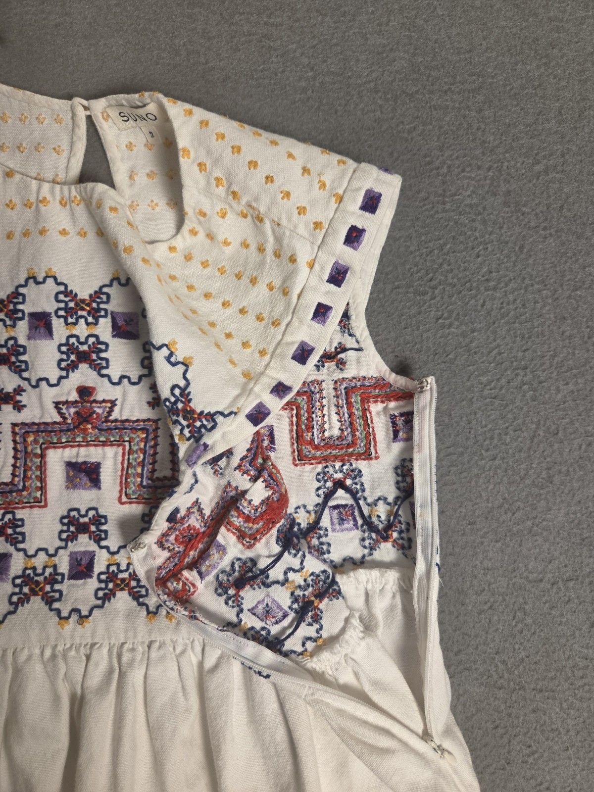 Suno NY White Cotton Geometric Embroidered Boho Sleeveless Midi Dress Size 2