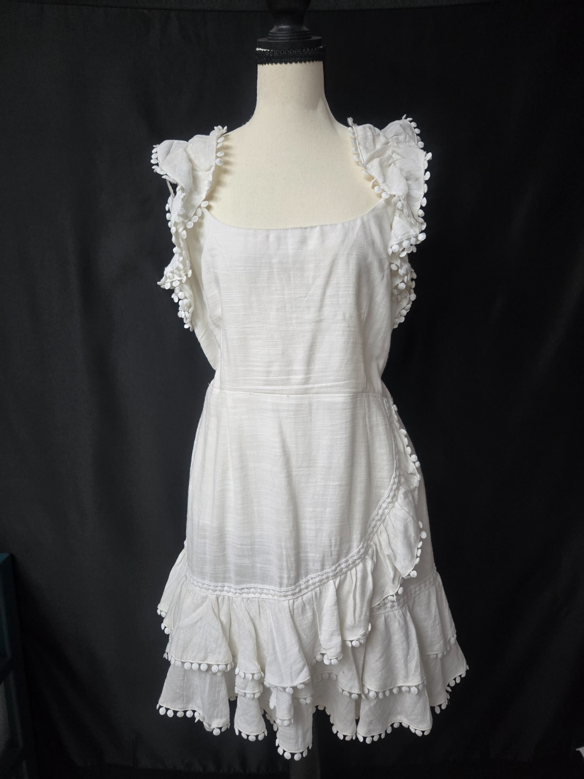 Selfie Leslie Mini Dress Annie White Size XL Ruffle Pom Pom Boho Cottagecore