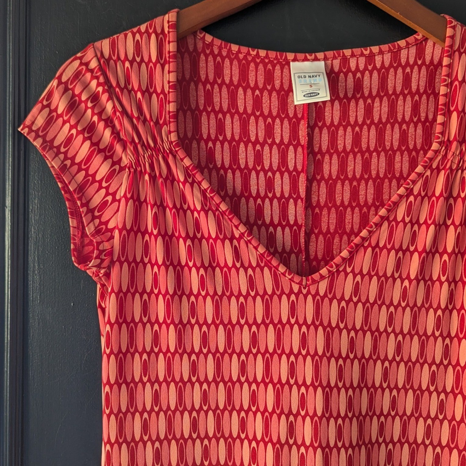 Vtg Y2K Old Navy Red Drop Waist Geometric Print V-Neck Midi Dress Womens Sz S