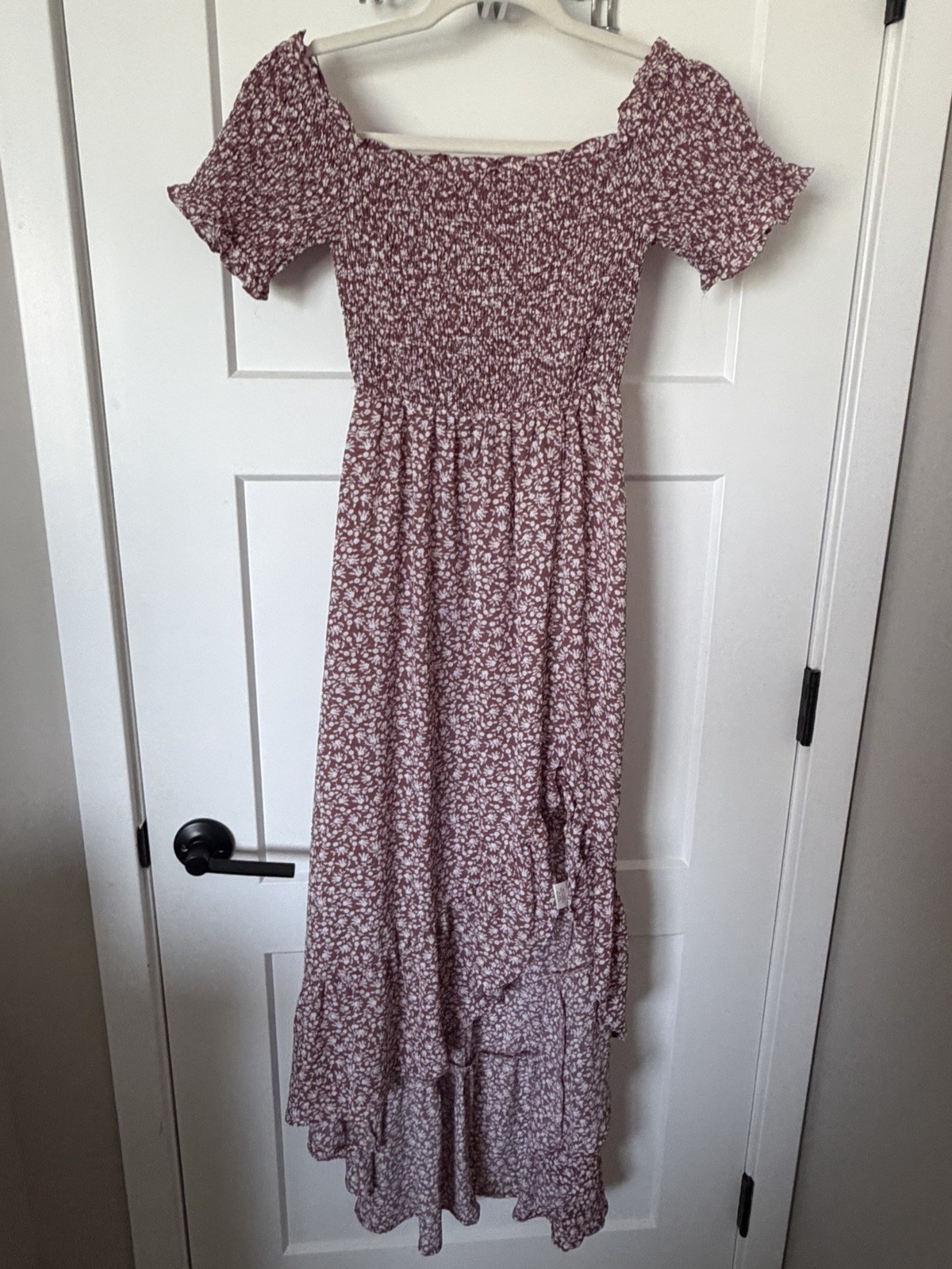 Blue Rain Brown White Floral Smocked Square Neck Puff Sleeve Maxi Dress S